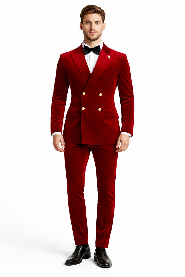 Mens Velvet Suit - Slim Fit Double Breasted Suit Blazer and Pants - Green