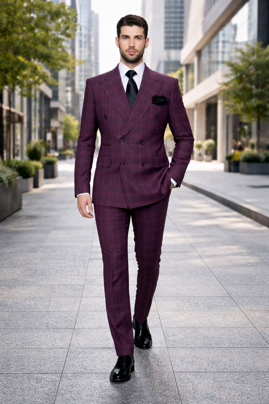 Slim Fit Double Breasted Raspberry Windowpane Formal Suit Rossi Man Milano RM1799