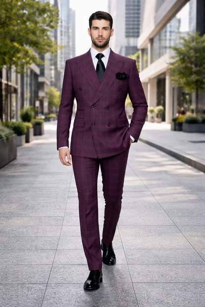 Slim Fit Double Breasted Raspberry Windowpane Formal Suit Rossi Man Milano RM1799