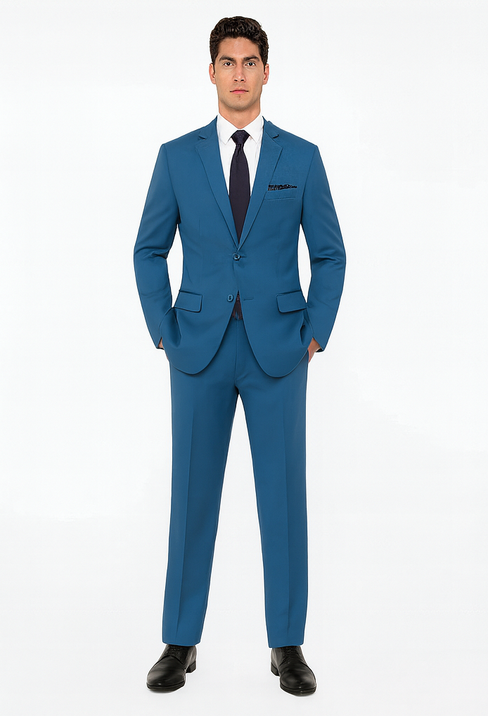 Slim Fit Suit - Fitted Suit Men'S Flat Front Pants Cobalt Blue ~ Indigo ~ Bright Blue ~ Teal Suit