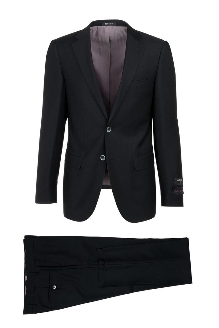 Tiglio Italian Suit - Real Wool Fabric Super 150's Porto Black, Slim Fit Suit in Color Black