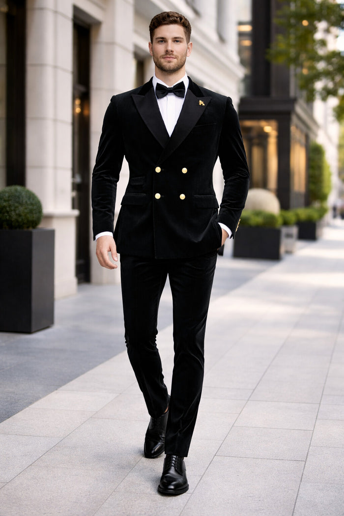 Mens Velvet Suit - Slim Fit Double Breasted Suit Blazer and Pants - Green