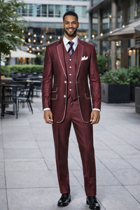 Slim Style   Milano Suits by Milano Moda Men's Burgundy ~ Wine ~ Maroon Suit  Shiny Flashy 3 Piece Burgundy Men's Sharkskin Suit