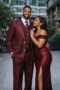 Slim Style   Milano Suits by Milano Moda Men's Burgundy ~ Wine ~ Maroon Suit  Shiny Flashy 3 Piece Burgundy Men's Sharkskin Suit