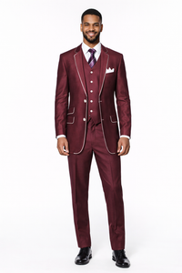 Slim Style   Milano Suits by Milano Moda Men's Burgundy ~ Wine ~ Maroon Suit  Shiny Flashy 3 Piece Burgundy Men's Sharkskin Suit