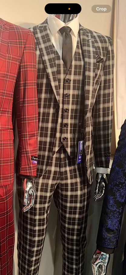 Men's Black and White Plaid Three-Piece Suit – Modern Slim Fit Tuxedo for Church and Business - Image 6