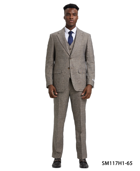 Stacy Adams Men's 3 Piece Hybrid Windowpane Suit - Notch Lapel Modern Fit