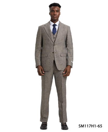 Stacy Adams Men's 3 Piece Hybrid Windowpane Suit - Notch Lapel Modern Fit