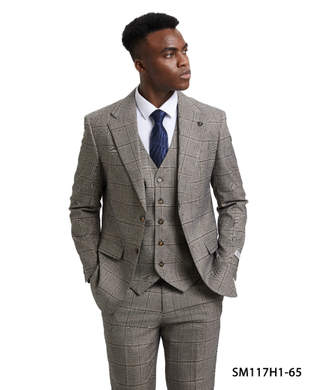 Stacy Adams Men's 3 Piece Hybrid Windowpane Suit - Notch Lapel Modern Fit