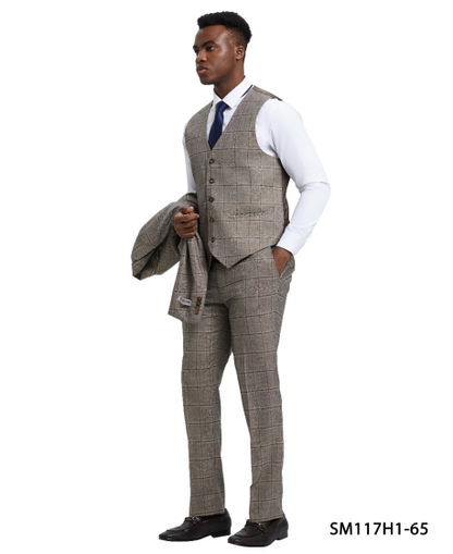 Stacy Adams Men's 3 Piece Hybrid Windowpane Suit - Notch Lapel Modern Fit