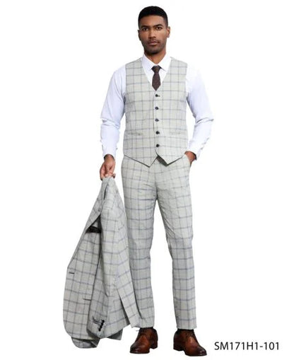 Stacy Adams Men's 3 Piece Hybrid Fit Suit - Twin Lined Windowpane Modern Fit