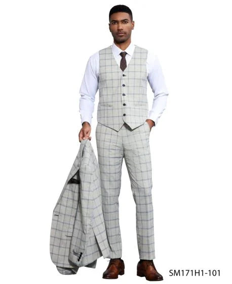 Stacy Adams Men's 3 Piece Hybrid Fit Suit - Twin Lined Windowpane Modern Fit