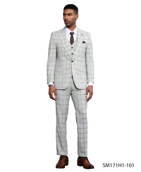 Stacy Adams Men's 3 Piece Hybrid Fit Suit - Twin Lined Windowpane Modern Fit