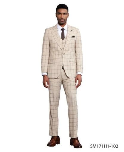 Stacy Adams Men's 3 Piece Hybrid Fit Suit - Twin Lined Windowpane Modern Fit