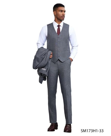 Stacy Adams Men's 3 Piece Hybrid Fit Suit - Textured Solid Color Modern Fit