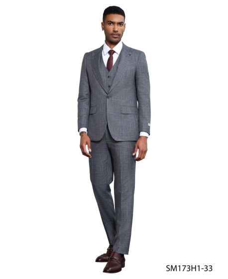 Stacy Adams Men's 3 Piece Hybrid Fit Suit - Textured Solid Color Modern Fit