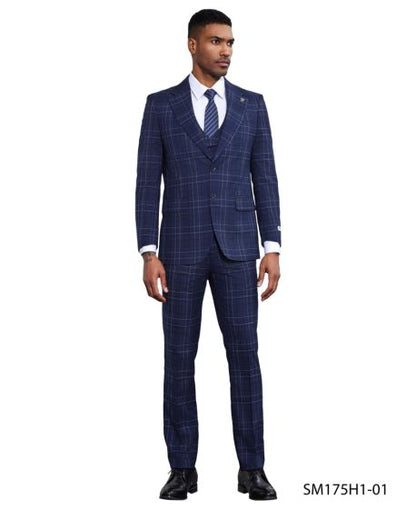 Stacy Adams Men's 3 Piece Hybrid Fit Suit - Window Plaid Modern Fit