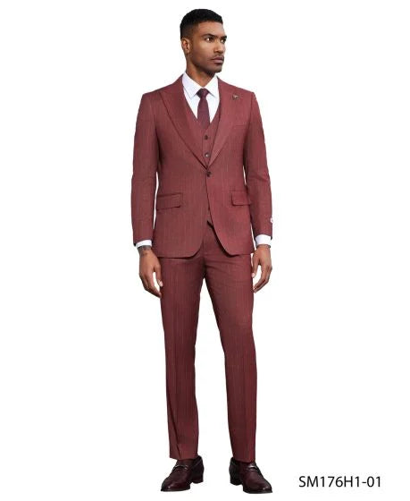 Stacy Adams Men's 3 Piece Hybrid Fit Suit - Pinstripe Modern Fit