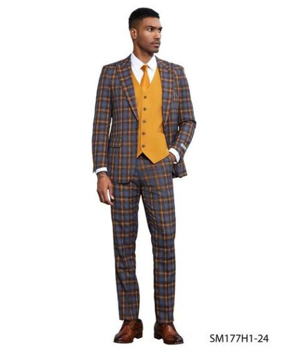 Stacy Adams Men's 3 Piece Plaid Hybrid Fit Suit - Accent Vest Modern Fit
