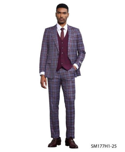 Stacy Adams Men's 3 Piece Plaid Hybrid Fit Suit - Accent Vest Modern Fit