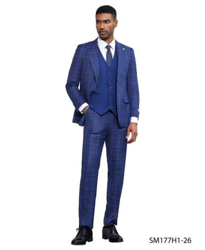 Stacy Adams Men's 3 Piece Plaid Hybrid Fit Suit - Accent Vest Modern Fit