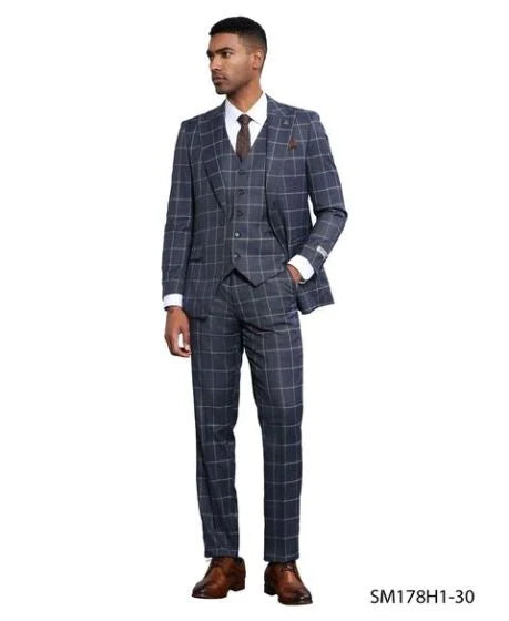 Stacy Adams Men's 3 Piece Hybrid Fit Suit - Large Checker Pattern Modern Fit