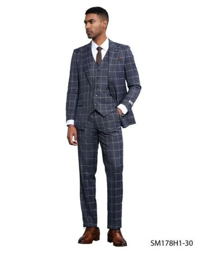 Stacy Adams Men's 3 Piece Hybrid Fit Suit - Large Checker Pattern Modern Fit