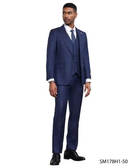 Stacy Adams Men's 3 Piece Hybrid Fit Suit - Large Checker Pattern Modern Fit