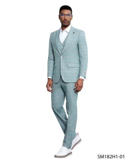 Stacy Adams Men's 3 Piece Windowpane Suit - Hybrid Fit Modern Fit