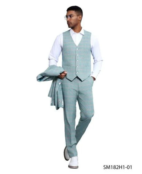 Stacy Adams Men's 3 Piece Windowpane Suit - Hybrid Fit Modern Fit