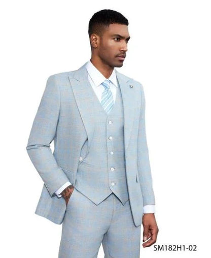 Stacy Adams Men's 3 Piece Windowpane Suit - Hybrid Fit Modern Fit