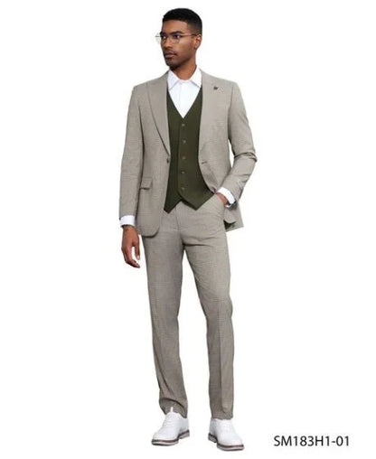 Stacy Adams Men's 3 Piece Glen Plaid Hybrid Fit Suit - Accented Vest Modern Fit