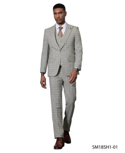 Stacy Adams Men's 3 Piece Windowpane Hybrid Fit Suit - Light Colors Modern Fit