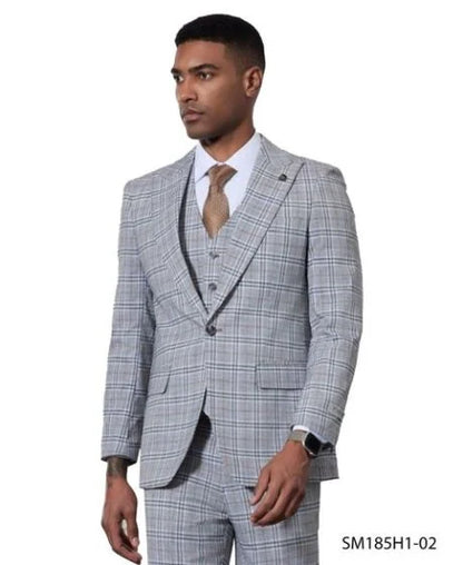 Stacy Adams Men's 3 Piece Windowpane Hybrid Fit Suit - Light Colors Modern Fit