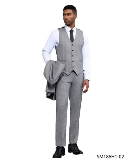 Stacy Adams Men's 3 Piece Hybrid Fit Suit - Subtle Windowpane Modern Fit