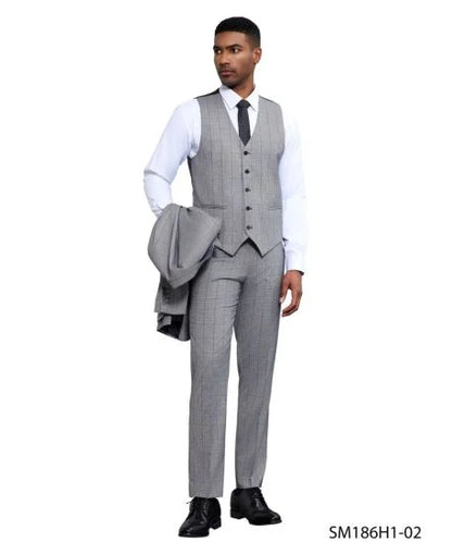 Stacy Adams Men's 3 Piece Hybrid Fit Suit - Subtle Windowpane Modern Fit
