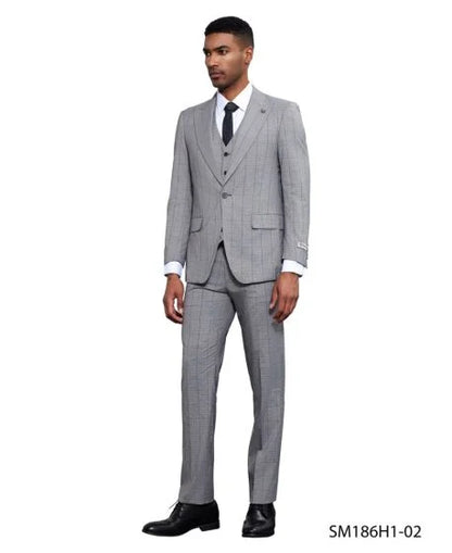 Stacy Adams Men's 3 Piece Hybrid Fit Suit - Subtle Windowpane Modern Fit