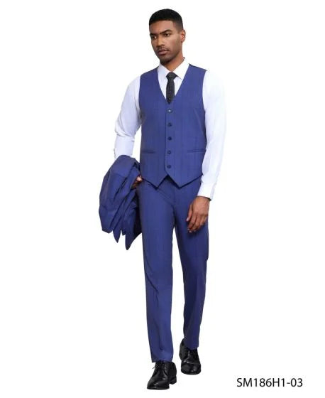 Stacy Adams Men's 3 Piece Hybrid Fit Suit - Subtle Windowpane Modern Fit