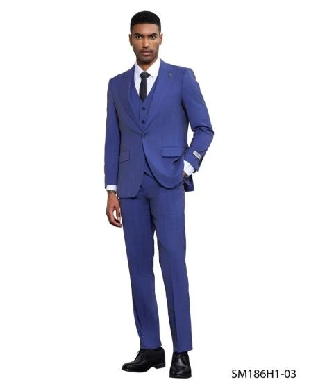 Stacy Adams Men's 3 Piece Hybrid Fit Suit - Subtle Windowpane Modern Fit