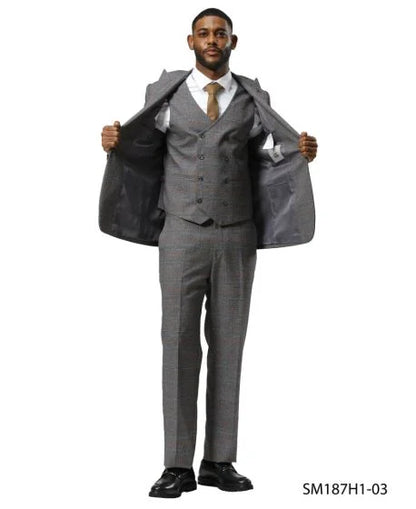 Stacy Adams Men's 3 Piece Hybrid Fit Suit - Glen Plaid Pattern Modern Fit