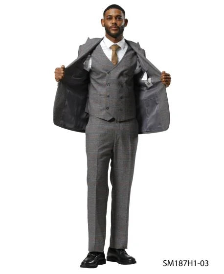 Stacy Adams Men's 3 Piece Hybrid Fit Suit - Glen Plaid Pattern Modern Fit
