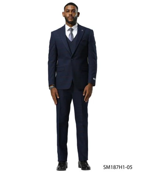 Stacy Adams Men's 3 Piece Hybrid Fit Suit - Glen Plaid Pattern Modern Fit
