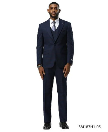 Stacy Adams Men's 3 Piece Hybrid Fit Suit - Glen Plaid Pattern Modern Fit