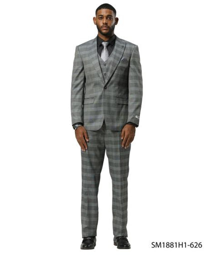 Stacy Adams Men's 3 Piece Hybrid Fit Suit - Glen Check Pattern Modern Fit