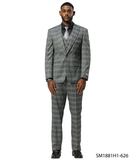 Stacy Adams Men's 3 Piece Hybrid Fit Suit - Glen Check Pattern Modern Fit