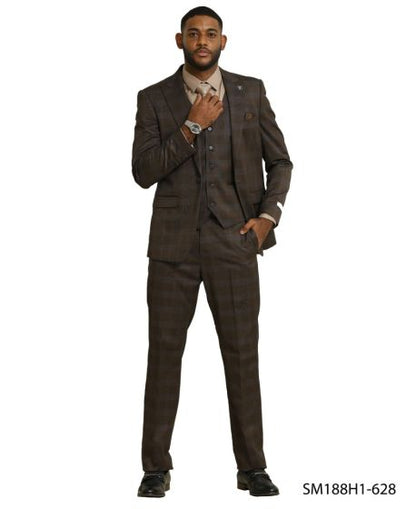 Stacy Adams Men's 3 Piece Hybrid Fit Suit - Glen Check Pattern Modern Fit