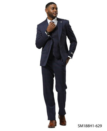 Stacy Adams Men's 3 Piece Hybrid Fit Suit - Glen Check Pattern Modern Fit
