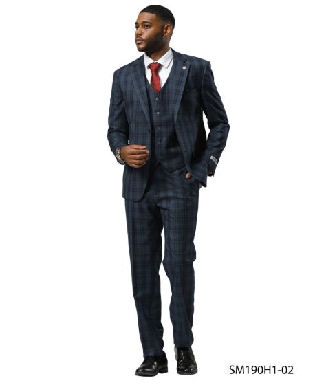 Stacy Adams Men's 3 Piece Hybrid Fit Suit - Glen Plaid Modern Fit