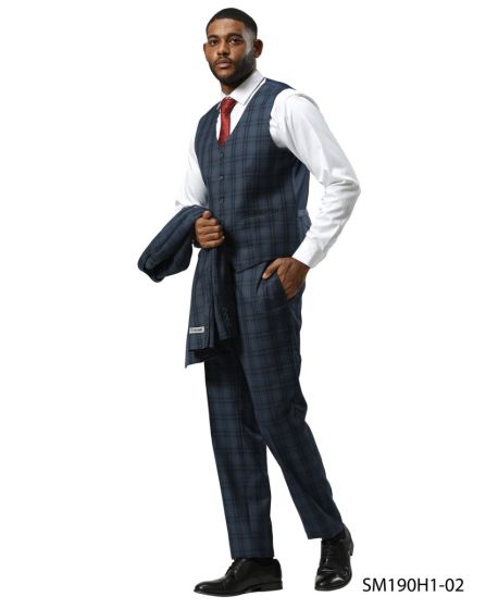 Stacy Adams Men's 3 Piece Hybrid Fit Suit - Glen Plaid Modern Fit