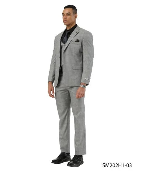 Stacy Adams Men's 3 Piece Hybrid Fit Suit - Subtle Windowpane Plaid Modern Fit